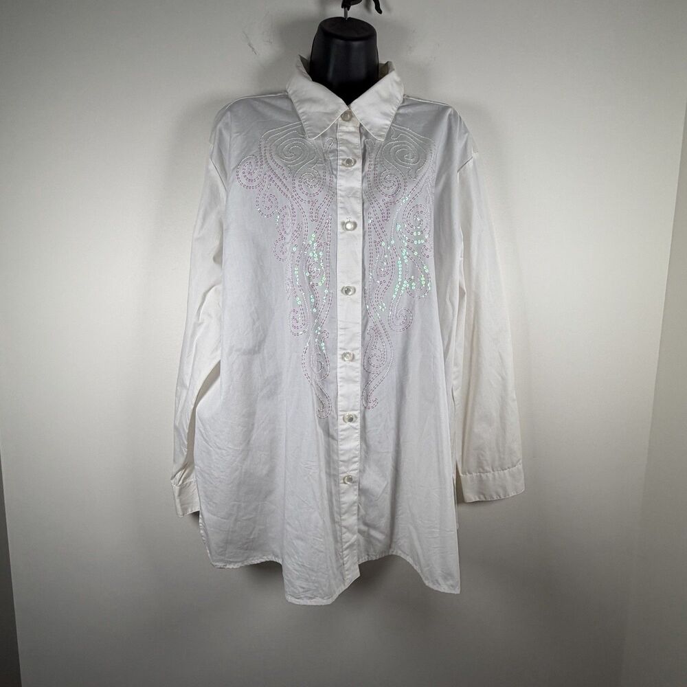 Bob Mackie Swirls And Twirls Button Up Top Blouse White Sequins Sz 1X